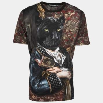 Pre Owned Dolce & Gabbana Multicolor Cotton Royal Panther Printed Crew Neck Short Sleeve T-Shirt 3XL
