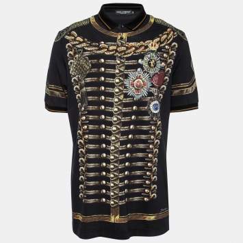 Pre Owned Dolce & Gabbana Black Printed Cotton Pique Short Sleeve Polo T-Shirt XXL