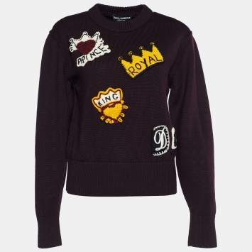 Pre Owned Dolce & Gabbana Burgundy Wool Knit Royalty Patch Detail Sweater M