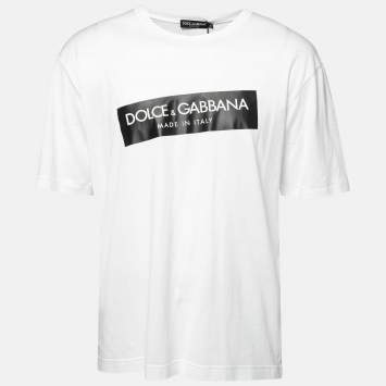 Pre Owned Dolce & Gabbana White Slant Logo Printed Cotton T-Shirt L