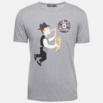 Pre Owned Dolce & Gabbana Grey Cotton Embroidered Crew Neck T-Shirt M