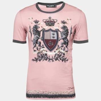 Pre Owned Dolce & Gabbana Pink Crest Printed Cotton Crewneck T-Shirt S