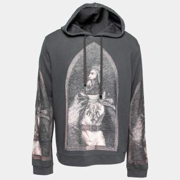 Pre Owned Dolce & Gabbana Grey Printed Cotton Drawstring Hoodie XL