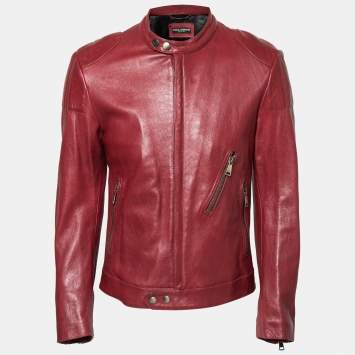 Pre Owned Dolce & Gabbana Red Leather Zip Front Biker Jacket M