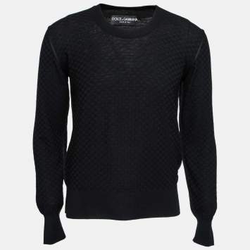Pre Owned Dolce & Gabbana Black Patterned Knit Wool Round Neck Jumper M