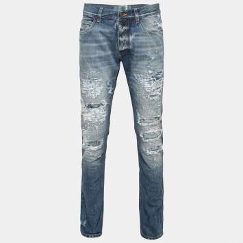 Pre Owned Dolce & Gabbana Blue Distressed Denim 16 Classic Fit Jeans M Waist 32"