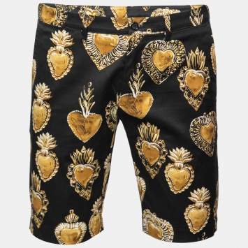 Pre Owned Dolce & Gabbana Black Sacred Heart Print Cotton Bermuda Shorts L  