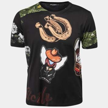 Pre Owned Dolce & Gabbana Black Western Print Cotton Crewneck T-Shirt S