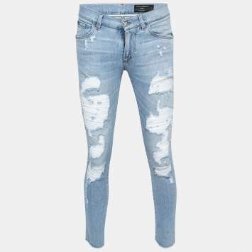 Pre Owned Dolce & Gabbana Light Blue Distressed Denim Classic Stretch Jeans S Waist 31"   