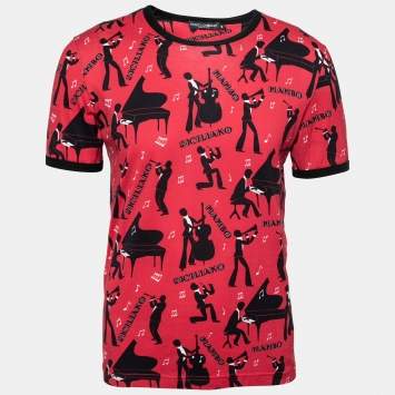 Pre Owned Dolce & Gabbana Red Printed Cotton Short Sleeve Crewneck T-Shirt M