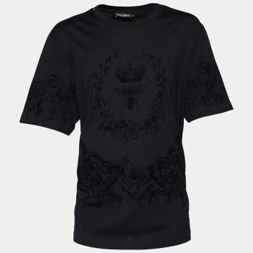 Pre Owned Dolce & Gabbana Black Floral Bee Flock Print Cotton Crew Neck T-Shirt 4XL