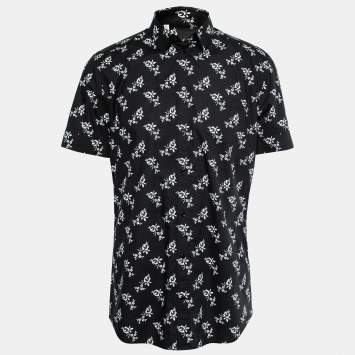 Pre Owned Dolce & Gabbana Black Floral Print Cotton Gold Shirt XL