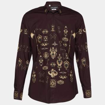 Pre Owned Dolce & Gabbana Dark Brown Keys Print Cotton Gold Fit Shirt L