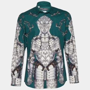Pre Owned Dolce & Gabbana Green Armour Print Cotton Gold Fit Shirt XL