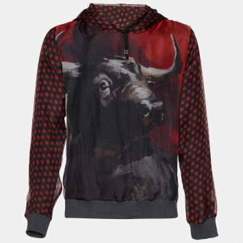 Pre Owned Dolce & Gabbana Red Bull & Polka Dot Printed Silk Hooded Sweatshirt L