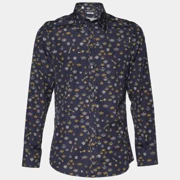 Pre Owned Dolce & Gabbana Navy Blue Crown Print Cotton Gold Fit Shirt L