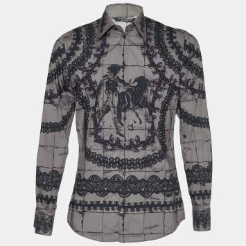Pre Owned Dolce & Gabbana Grey Lace Print Cotton Button Front Shirt M