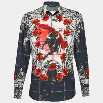 Pre Owned Dolce & Gabbana Black Mosaic Bull Print Cotton Button Front Shirt XL