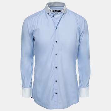 Pre Owned Dolce & Gabbana Light Blue Cotton Button Front Gold Shirt L