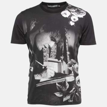 Pre Owned Dolce & Gabbana Black Jersey Marlon Brando Print Crewneck T-Shirt L