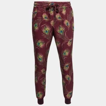 Pre Owned Dolce & Gabbana Burgundy Peacock Feather Print Jersey Jogger Pants M