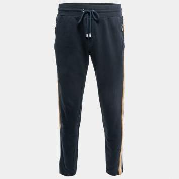 Pre Owned Dolce & Gabbana Navy Blue Cotton Knit Side Band Joggers S