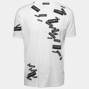 Pre Owned Dolce & Gabbana White Cotton Label Embroidered Short Sleeve T-Shirt XXL
