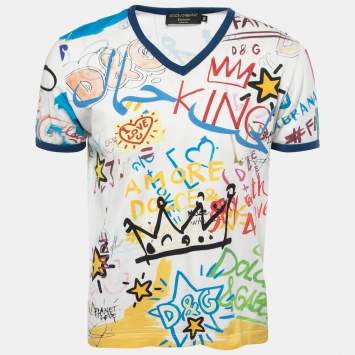 Pre Owned Dolce & Gabbana White Cotton Graffiti Print V-Neck T-Shirt L