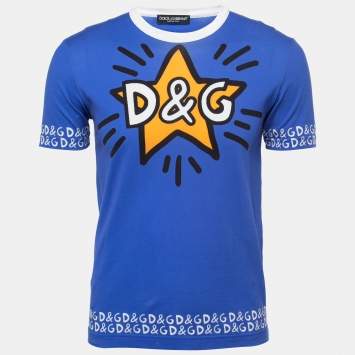 Pre Owned Dolce & Gabbana Blue Printed Cotton T-Shirt M