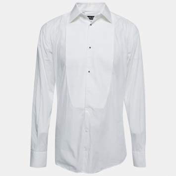 Pre Owned Dolce & Gabbana White Cotton Tuxedo Long Sleeve Gold Shirt XL