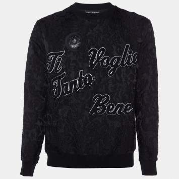 Pre Owned Dolce & Gabbana Black Ti Voglio Tanto Bene Patch Jacquard Crewneck Sweatshirt M