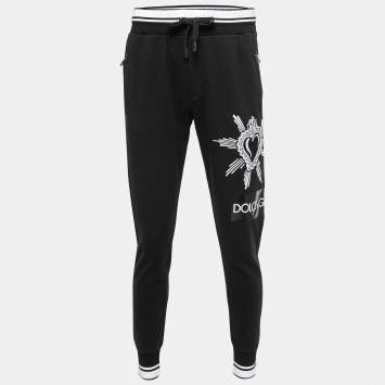 Pre Owned Dolce & Gabbana Black Cotton Heart Embroidered Joggers M