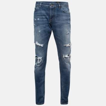 Pre Owned Dolce & Gabbana Blue Distressed Ripped Denim Classic Jeans XL Waist 36"