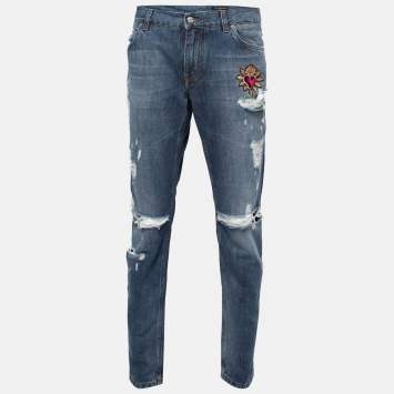Pre Owned Dolce & Gabbana Blue Ripped Heart Embroidered Denim Jeans 2XL Waist 37"