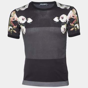 Pre Owned Dolce & Gabbana  Grey & Black Striped Floral Printed Cotton Round Neck T-Shirt XS