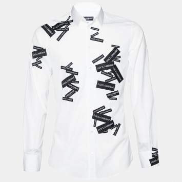 Pre Owned Dolce & Gabbana White Cotton Label Logo Patch Detail Gold Fit Shirt M