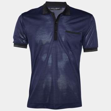 Pre Owned Dolce & Gabbana Navy Blue Knit Polka Dot Collar Detail Polo T-Shirt S