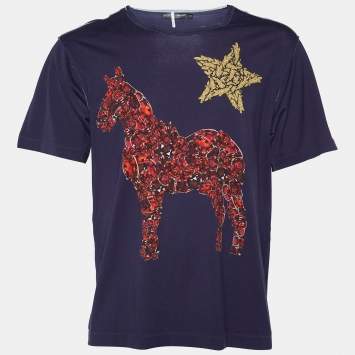 Pre Owned Dolce & Gabbana Navy Blue Crystal Horse Print Cotton Distressed T-Shirt XL