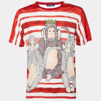 Pre Owned Dolce & Gabbana Red Striped Monkey Printed Cotton Knit T-Shirt XL