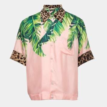 Pre Owned Dolce & Gabbana Pink Tropical Printed Silk Short Sleeve Shirt M