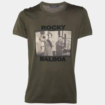 Pre Owned Dolce & Gabbana Olive Green Rocky Balboa Printed Cotton Knit T-Shirt L