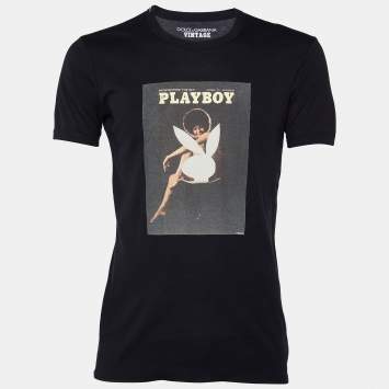 Pre Owned Dolce & Gabbana Vintage Black Playboy Printed Crewneck T-Shirt L