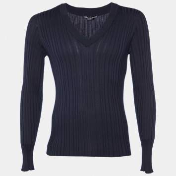 مملوكة مسبقًا Dolce & Gabbana Navy Blue Rib Knit V-Neck Pullover L