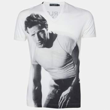 Pre Owned Dolce & Gabbana White Pensive Marlon Brando Printed Cotton T-Shirt M