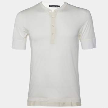 Pre Owned Dolce & Gabbana Light Cream Cotton Knit & Silk Button Front T-Shirt XS