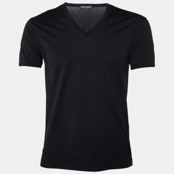 Pre Owned Dolce & Gabbana Black Cotton Knit V-Neck T-Shirt S