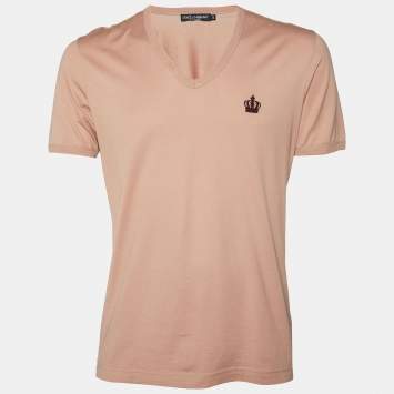 Pre Owned Dolce & Gabbana Salmon Pink Cotton Knit V-Neck T-Shirt M