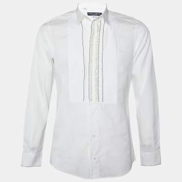 Pre Owned Dolce & Gabbana White Cotton Lace Ruffle Trim Tuxedo Shirt M