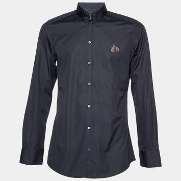 Pre Owned Dolce & Gabbana Black Cotton Bee Embellished Gold Fit Shirt L