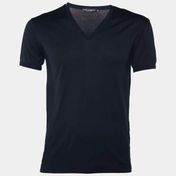 Pre Owned Dolce & Gabbana Navy Blue Cotton Knit V-Neck T-Shirt XS